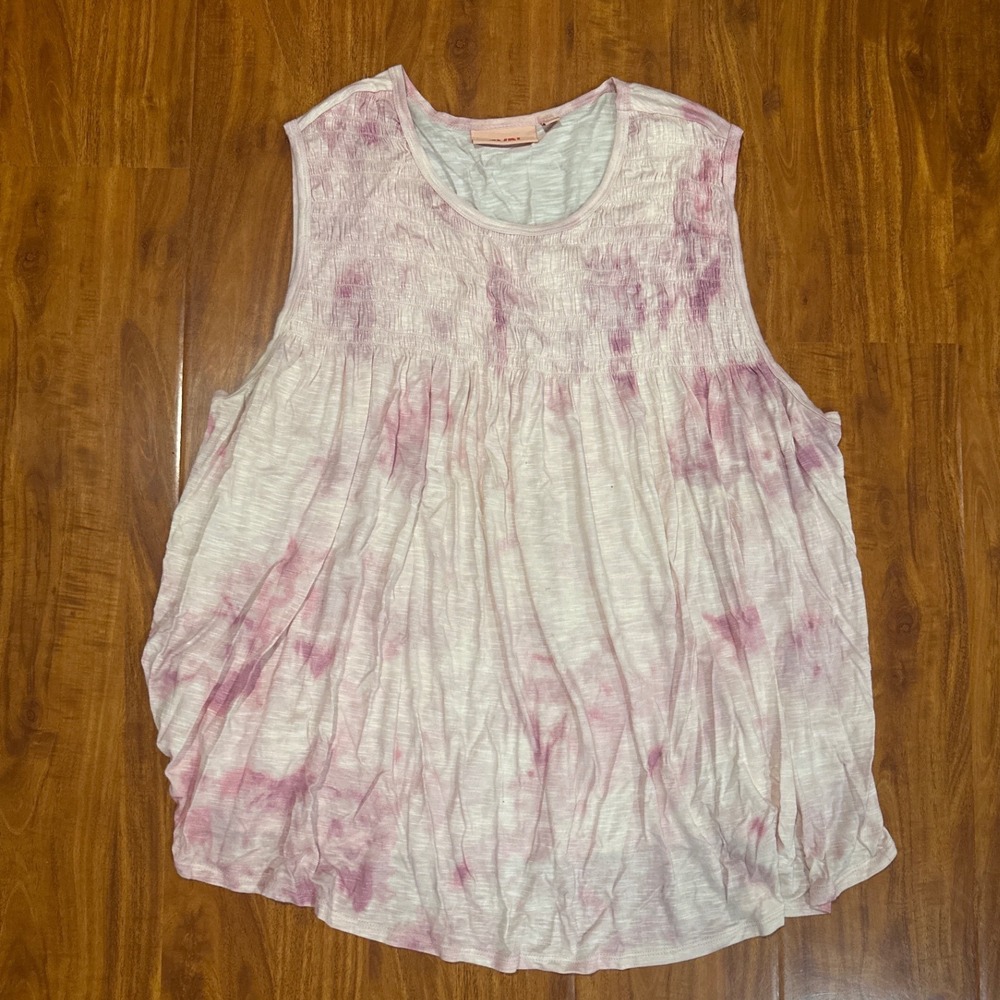 EVRI Sleeveless Top Womens 2X Pink Tie Dye Tank‎ Blouse Smocked Smock Scoop Neck